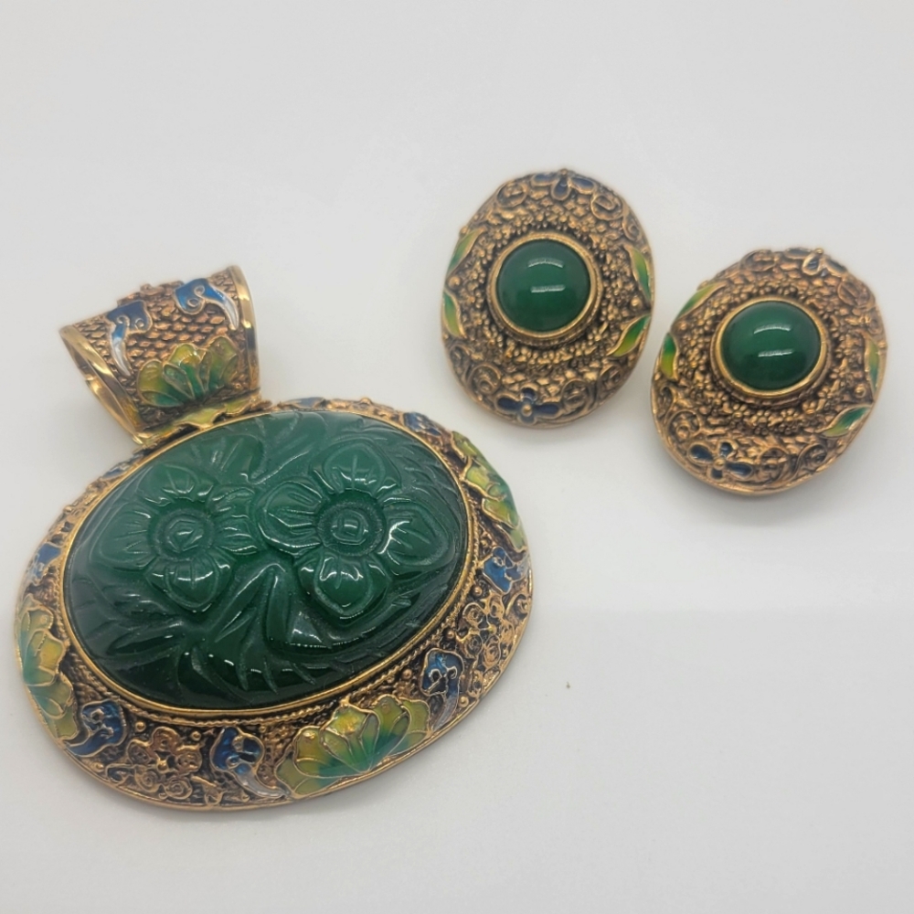 Faux Green and Gold Pendant And Earring Set